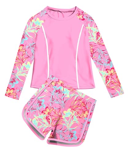 Image of Vogseek Girls Rash Guard Swimsuits 2 Piece Bathing Suit UPF 50+ Summer Swimwear Size 7-12T
