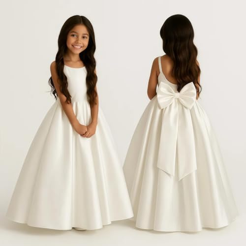 Satin Flower Girl Dress with Big Bow Elegant Sleeveless A-Line Ball Gowns Formal Communion Wedding Party Dresses2