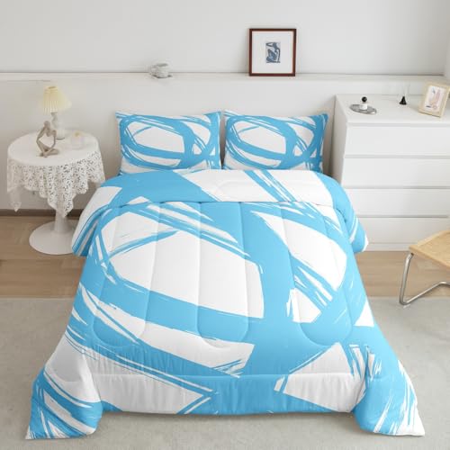 Blue and White Striped Bedding Set Full Size for Adults Youth Teens,Contemporary Boho Modern Art Comforter Set,Graffiti Stripes Lines Quilt,Aesthetic Geometric Duvet Insert for Minimalists