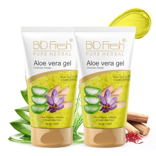 Image of BIOFRESH HERBALS Aloe Vera Gel - 150ml with Chandan Kesar Face Gel Multipurpose Gel for Skin and Hair with Nano Multi-Vit Extract Non-Sticky Anti-Acne Skin Care (Pack of 2)