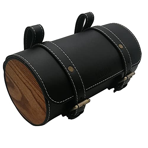Bike Handlebar Leather Bags With Wood Under Seat Retro Classical Mountain Mtb Road Bike Leather Bag For Cell Phone，Saddle Tail Rear Pouch Seat Storage Bag (Black) #TOP6