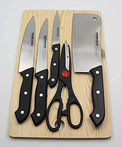 Image of Ronest Wooden Chopping Board with Knife Set and Scissor, 6 Piece Stainless Steel Kitchen Knife Knives Set with Knife Scissor, Knife Sets* (Wood)