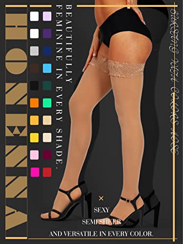 Image of HONENNA Semi Sheer Stay Up Lingerie Thigh High Stockings Lace Top Size A-F