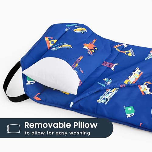 Image of Wake In Cloud - Cot Nap Mat with Pillow and Blanket, 100% Cotton Fabric, for Toddler Kids Boys Ages 3 Plus in Daycare Kindergarten Preschool with Elastic Corner Straps, Cars Cranes Trucks