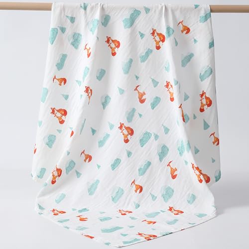 Image of POMISO Muslin Swaddle Blankets for Boys & Girls, Newborn Receiving Blankets, Soft Breathable Baby Swaddles, Large 47x47 Inches, Fox & Penguin
