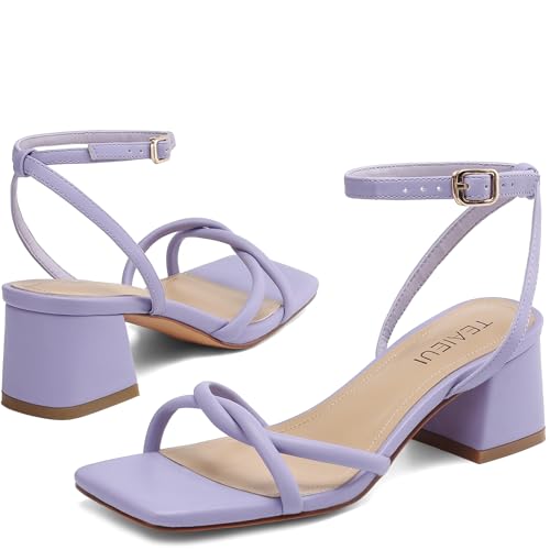 Image of TEAIEUI Chunky Heels for Women, Square Open Toe Heeled Sandals, Strappy Ankle Strap Shoes for Dress, Party, Prom, Block Low Heel 2 inch