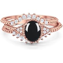 Three Piece Oval Natural Black Onyx Beaded Ring Curved Half Eternity Band Vintage Style Wedding Set Engagement Rings For Women 925 Sterling Silver Gift For Her