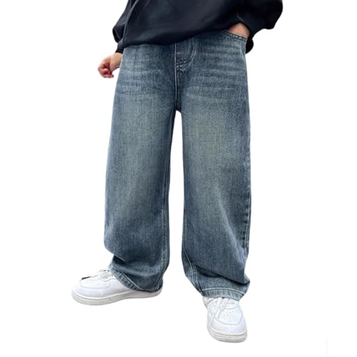 Jean Baggy Garçon avec Poches Cargo, Pantalon Ample Taille Élastique, Jean Vintage Décontracté Jambe Droite Large Pantalon Jambe Large avec Ample Taille...