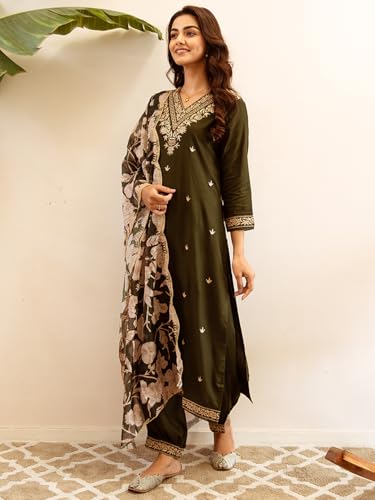 Image of INDO ERA Women's Embroidered Viscose Rayon Kurta & Pant With Dupatta Set