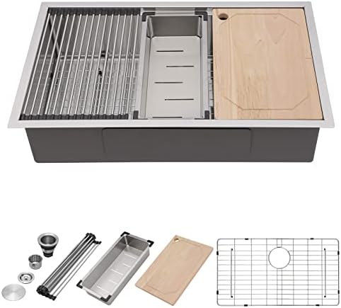 Undermount Kitchen Sink 33 Inch Stainless Steel Sink Workstation T304 Single Bowl Under Counter Ledge Kitch…