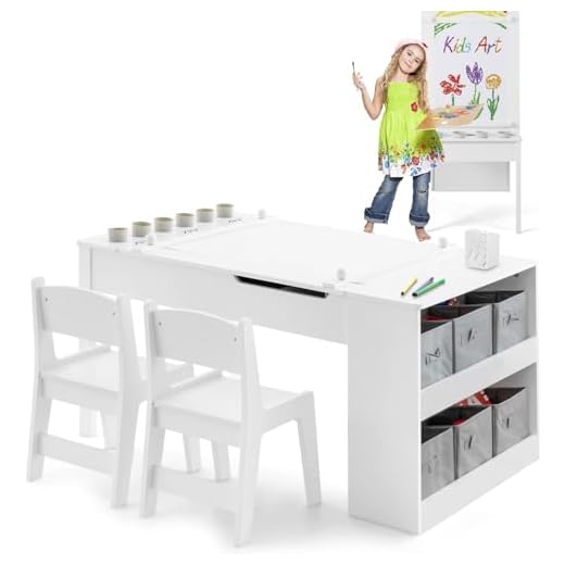 INFANS 2 in 1 Kids Art Table and Chair Set, Toddler Craft Play Wood Activity Desk with 2 Chairs Storage Canvas Bins Paper Roll for Writing Drawing, Children Furniture for Daycare Nursery