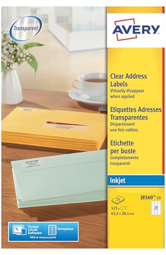 Étiquettes Avery J8560 transparentes pour encre jet d'encre sans bavures 525 pcs