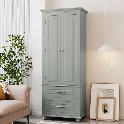 Image of Merax 62.5 inch Pantry Cabinet with Two Doors & Two Drawers, Adjustable Shelves Storage Cupboard for Kitchen /Dining Room /Bathroom, Gray