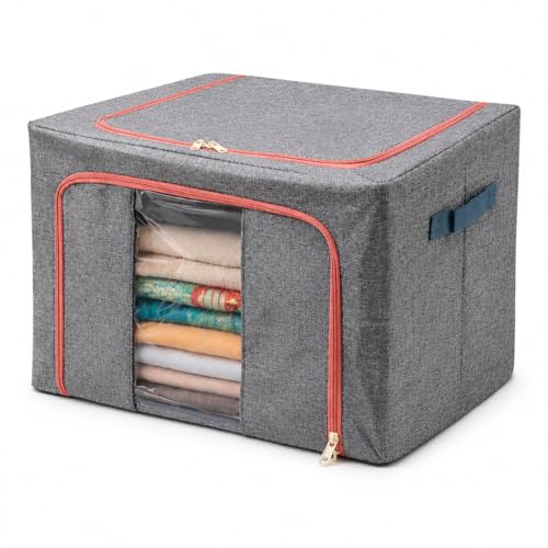 Image of DecorTwist Steel Frame Foldable Storage Box - Wardrobe Organizer for Clothes, Sarees & Blankets | Moisture-Proof Oxford Fabric | 65 Ltr (Pack of 1)