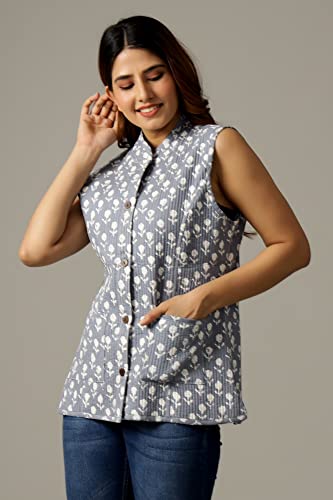 Image of Ravaiyaa - Attitude is everything Women's Floral Printed Reversible Quilted Jacket Coat Blazer Jacket Sleeve Less Waistcoat