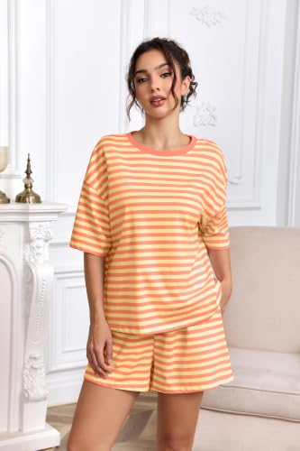 Image of Ythomm Striped Pajamas Shorts Sets Women 2 Piece Lounge Outfits Short Sleeve Tees Drawstring Shorts Summer Matching Pj Sets
