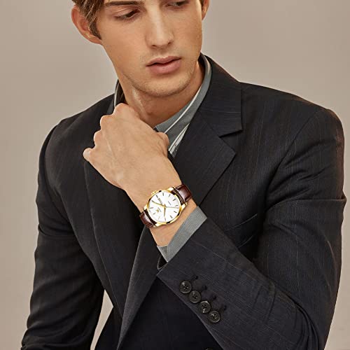 OLEVS Men Watch Leather Analog Quartz Male Dress Week Date Business Classic Luminous Leather Strap 3ATM Waterproof Wrist Watch Lovers