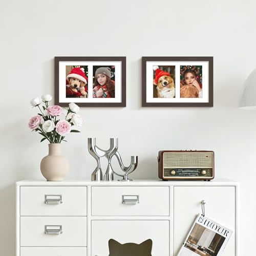 Image of DUENPY 6x9 Picture Frame Double 3.5x5 Collage Picture Frame Displays Two 3.5x5 inch Photos Collage Wall Decor Wall Hanging or Tabletop Walnut