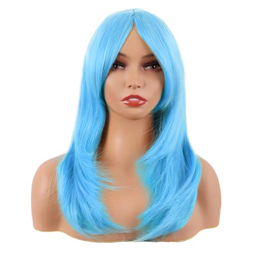 Image of MapofBeauty 20 Inch /50 cm Long Layered With Bangs Straight Synthetic fiber Shoulder Length Hair for Daily Use or Party Wig (Light Blue)