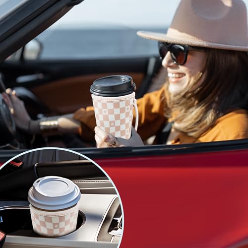 Image of KJQJLY 3 Pack Reusable Iced Coffee Sleeves for Iced Coffee Cups or Drinks Reusable Neoprene Insulated Sleeves for Hot and Cold Drinks from Starbucks, Dunkin, And More (Floral Checkers)