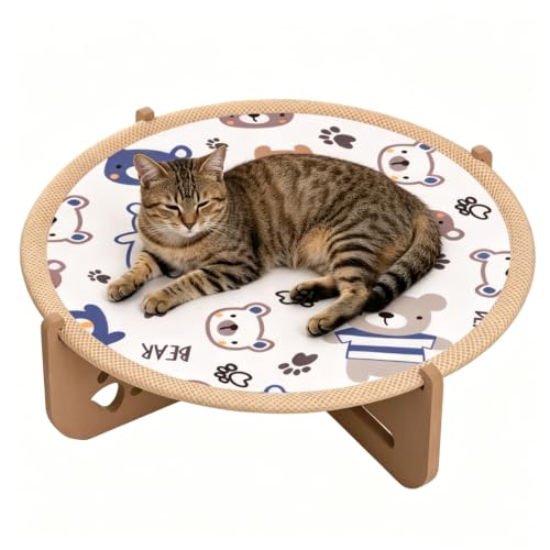 Katzenhängematte aus Holz mit Sisalmatte, erhöhtes Katzenbett für Sommer Atmungsaktiv，White：ø50CM