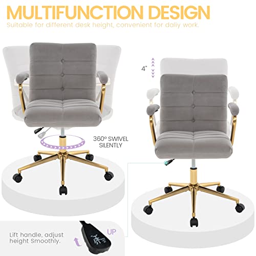 Mfd Living Velvet Home Office Desk Chair, Upholstered Adjustable Swivel Task Chair With Wheels, Tufted Mid-Back Computer Chair With Arms, For Study Living Room Vanity (Grey, Gold Base) #TOP3