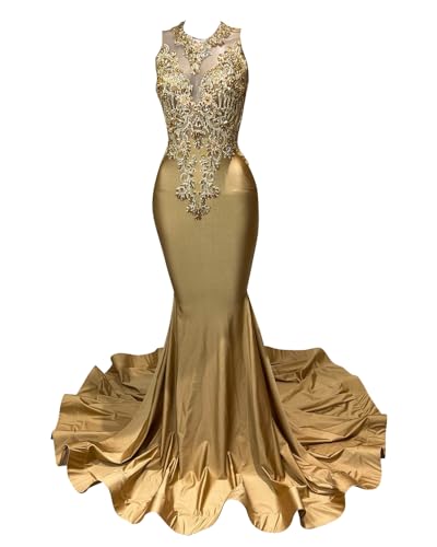 Women's Satin Mermaid Prom Dress O-Neck Appliques Evening Dress Pageant Dress