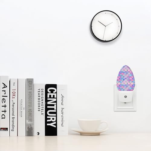 Image of Watercolor Fish Scales Night Light Purple Pink Blue Mermaid Scales Underwater Sea Pattern Plug in Auto Sensor LED Lighting for Boys Girls Men Women Sleeping Bedroom Bathroom Staircase