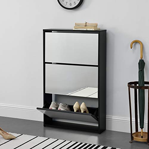 [en.casa] Schuhkipper Vogar Schuhschrank mit 3 Klappen verspiegelt Schuhkommode für 9 Paar Schuhe...