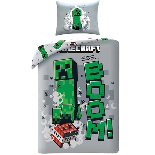 Minecraft - Juego de Ropa de Cama Creeper Boom – Funda nórdica Reversible de 140 x 200 cm + una Funda de Almohada de 70 x 90 cm – 100% poliéster – Multicolor