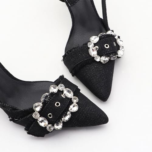 Women's Rhinestone Slingback Denim Kitten Heels,Sexy Closed Pointed Toe Slip On Comfortable Low Heel Dress Pumps for Wedding Party Evening4