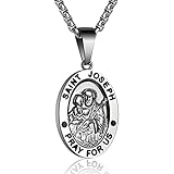 P. BLAKE St. Saint Joseph Medal Necklace for Men Women, Stainless Steel Catholic San Jose Medalla Pendant Chain 24 Inches…