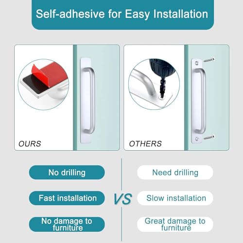 Image of Adhesive Cabinet Handles, Self-Stick Instant Cabinet Handles Alloy No Drilling Push Pull Handles Helper for Kitchen Cabinet Drawer Window Sliding Closet (Silver, 2 Pcs)