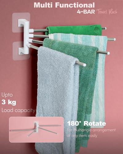 Image of Wall Mounted Adhesive Multi Bar Towel Holder Rack with Rotating Stainless Steel Rods and Side Hook for Bathroom Kitchen Use on Smooth Flat Surfaces (Towel Rack 001)