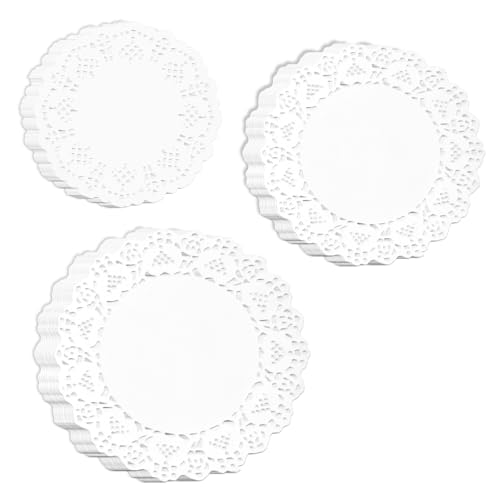 FRCTLNKG 150 Pcs Paper Doilies White Round Paper Doilies for Wedding Birthday Cake Dessert Tableware White Disposable Placemats Bulk 3.5inch 6.5inch 8.5inch