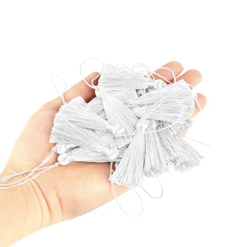 Image of 48Pcs Mini Bookmark Tassels Handmade Keychain Silky Tassel | (White)3.75inch Tassel, Silky Floss Craft Tassel for Jewelry Making,Tags,DIY Accessory