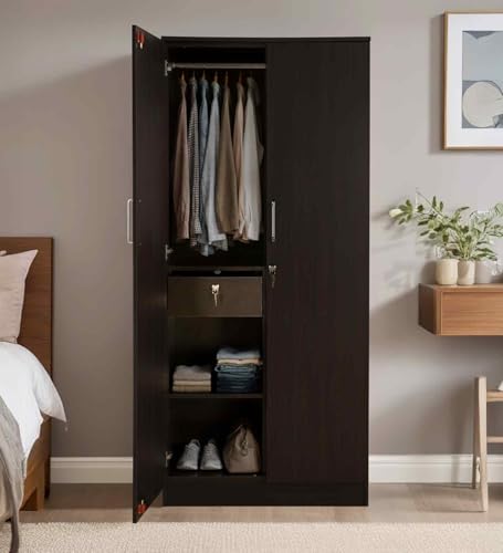 Image of Mintwud Pepperfry Kibo 2 Door Wardrobe Without Mirror | Engineered Wood Wooden Almirah with 4 Shelves, 1 Drawer & Hanging Rod | Storage Cupboard for Bedroom (Wenge Finish)
