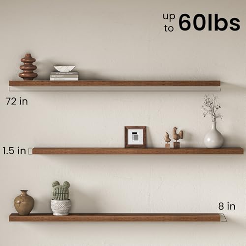 Image of Fun Memories 72Inch Long Floating Shelves, 8 Inch Deep Shelves for Bedroom|Living Room, Wall Mounted Wood Hanging Shelf with Invisible Brackets for Fireplace Mantel Home Storage Decor, Brown - 2 Pack
