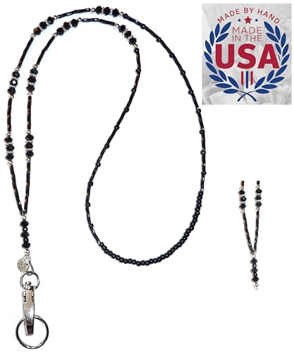 Lanyard perles cristal noir cordon porte-badge robuste sans attache