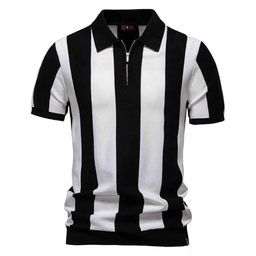 Cotton Polo Shirts for Men Short Sleeve Casual Knitted Striped Golf Shirt Classic Fit Quarter Zip Summer Basic Tee