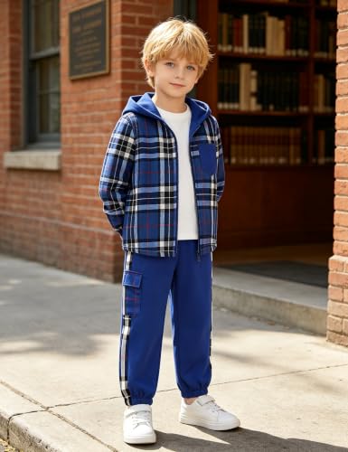 Image of Toddler Boy Clothes Plaid Hooded Shirt White T-shirt Top and Solid Color Pants 3Pcs Winter Boys Clothes