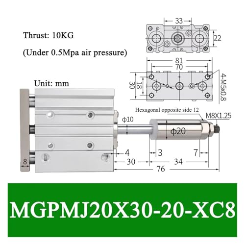 Cylindre MGPMJ20X30-20-XC8 à course réglable pour stopper la torsion