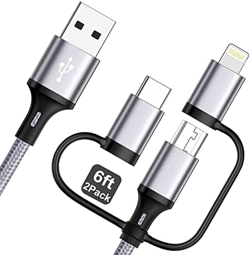 Multi Fast Charging Cable MFi Certified 3 in 1 Nylon Braided Multi Charger with Lightning/USB C/Micro USB Charge Sync Charger Cable for iPhone,iPad,Samsung Galaxy,Huawei,LG,Sony,HTC,OnePlus(2Pack/6ft)