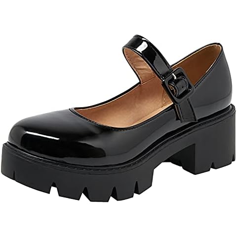 XIEWANG Women's Platform Mary Jane Shoes Round Toe Mid Chunky Heel Black School Shoes (5, Black) Cover