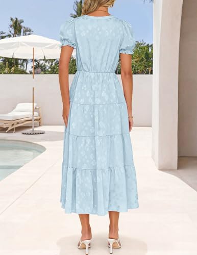 Image of ZESICA Womens Summer Floral Flowy Midi Dress 2026 Puff Short Sleeve V Neck Ruffle Tiered Beach Vacation Party Dresses