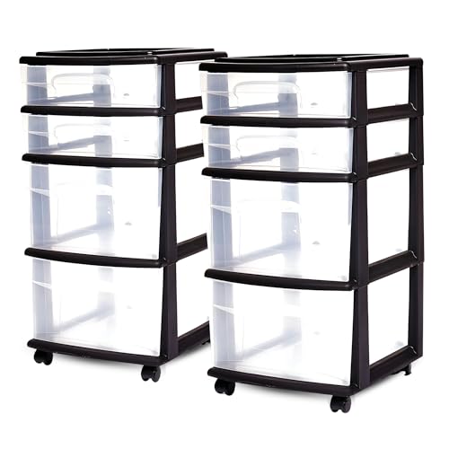 HOMZ 2-Pack Drawer Tower 4-Tier Plastic Storage Cart with Wheels