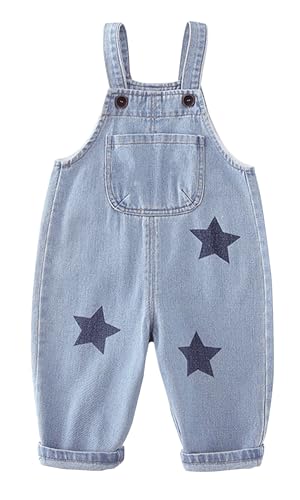 Happy Cherry Baby Girls Overalls Little Kids Sleeveless Cotton Button Suspender Pants One Piece Soft Bodysuit, Denim Blue Star, 12 Months