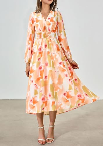 PRETTYGARDEN Women's Floral Midi Dress Casual Fall V Neck Long Sleeve Flowy Spring Beach Wedding Guest Vacation Dresses