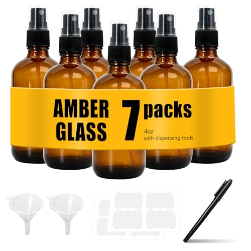 7 Pack 4oz Amber Glass Spray Bottles for Essential Oils Fine Mist Small Spray Bottles Refillable for Hair Face Cleaning Solutions Plants & Travel Empty Containers with Funnels Labels & Marker