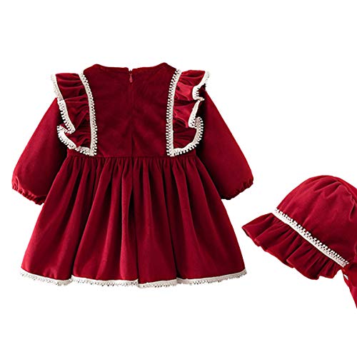 famuka Baby Toddler Girl Red Dress Long Sleeve Princess Dress (Dark Red, 2-3T)